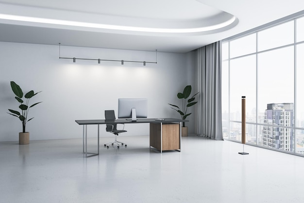 Moderne, helle Büroeinrichtung mit Einrichtungsmöbeln, dekorativer Pflanze und Fenster mit Vorhang und Blick auf die Stadt 3D-Rendering
