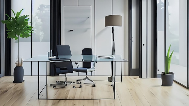 Moderne, helle Büroräume mit Glasschreibtisch und ergonomischem Bürostuhl für den Unternehmensleiter