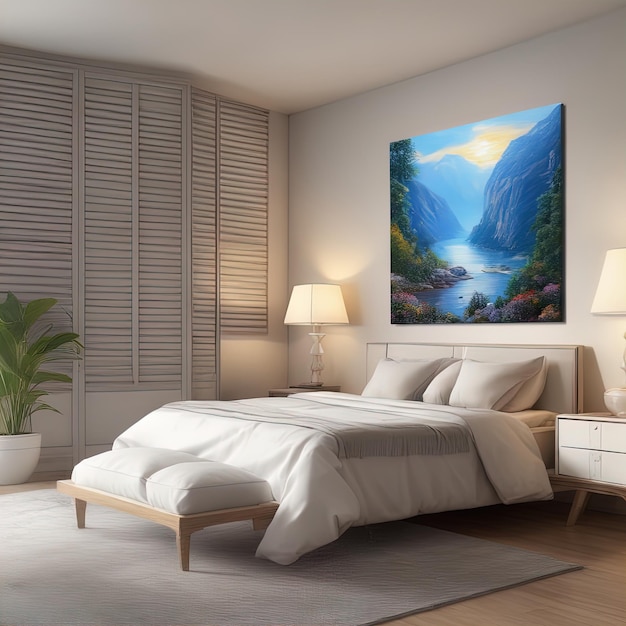 moderne, helle Innenräume, 3D-Darstellung, moderne Inneneinrichtung des Schlafzimmers mit einem schönen Su