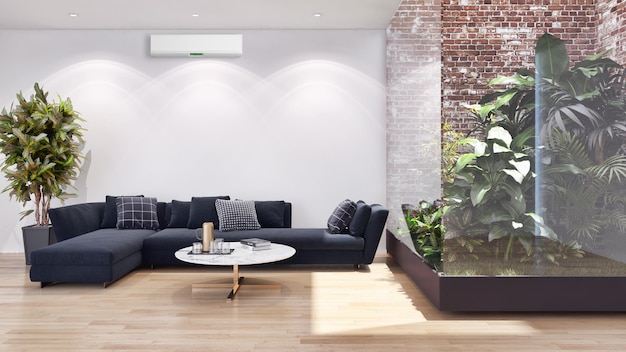 Moderne, helle Innenräume Wohnzimmer mit Klimaanlage Illustration 3D-Rendering computergeneriertes Bild