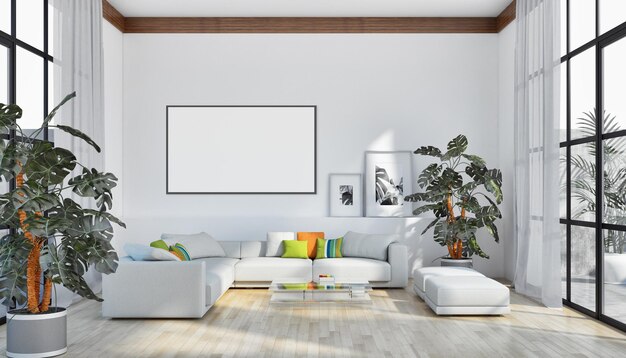 Moderne, helle Innenwohnung mit Mock-up-Plakatrahmenillustration 3D-Rendering computergeneriertes Bild