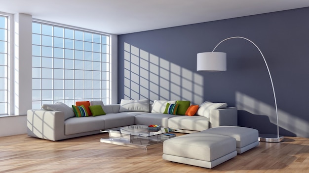 Moderne, helle Innenwohnung Wohnzimmer 3D-Rendering-Illustration