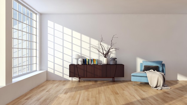 Moderne, helle Innenwohnung Wohnzimmer 3D-Rendering-Illustration