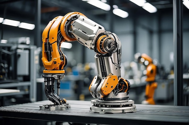 Moderne High-Tech-Robotik-Industrie-Engineering-Einrichtung Der Roboterarm nimmt die Metalltechnologie auf