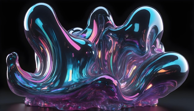 Moderne holographische 3D-Fluidformen, isoliert auf einem schwarzen Hintergrund, generiert von KI