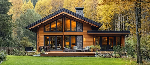 Moderne Holzhütte mit großen Fenstern und einem Deck in einer Waldumgebung