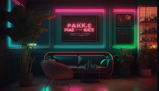 Moderne Hotelküche, Neon-Bar-Raum-Innenarchitektur, KI-generiertes Bild