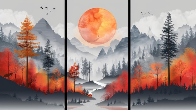 Moderne Illustration einer abstrakten Herbstlandschaft mit Bäumen, Hügeln, einem See und einer Flusssilhouette Illustration von Waldtieren und Koniferhügeln