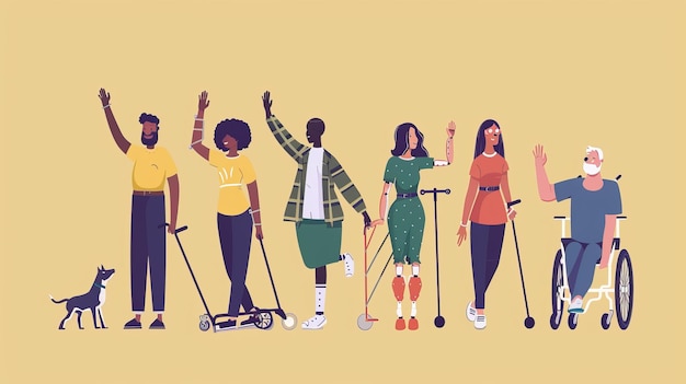 Moderne Illustration von Charakteren mit verschiedenen Behinderungen, die mit der Hand winken. Beispiele hierfür sind eine Frau im Rollstuhl, ein afroamerikanischer Mann mit Krücken, ein Blinder mit einem Führungshund und ein Blinder.