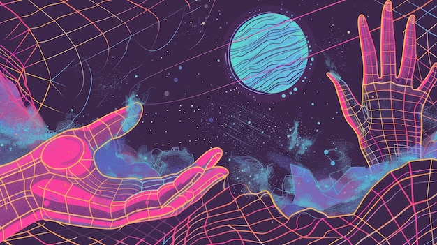 Moderne Illustration von Plakaten im Retrowave-Stil mit Drahtrahmen, Hand, Planeten, Globus, Landschaftsformen auf grauem Hintergrund, ästhetische Flyer und Plakate der 90er Jahre