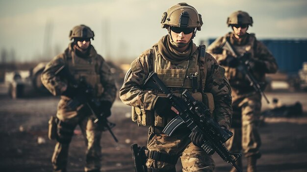 Moderne Infanteristen, die mit hochmodernen Waffen ausgestattet sind, die es ihnen ermöglichen, Präzisionsmissionen auszuführen