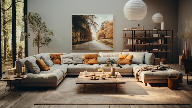 Moderne Innenarchitektur des Wohnzimmers mit Sofa, Tisch, Bücherregal und Bildern an der Wand