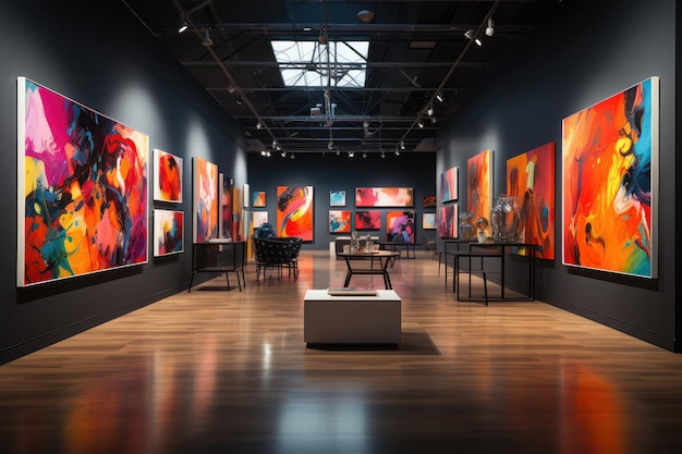 Moderne Innenarchitektur mit einer lebendigen Galerie von abstrakten Gemälden