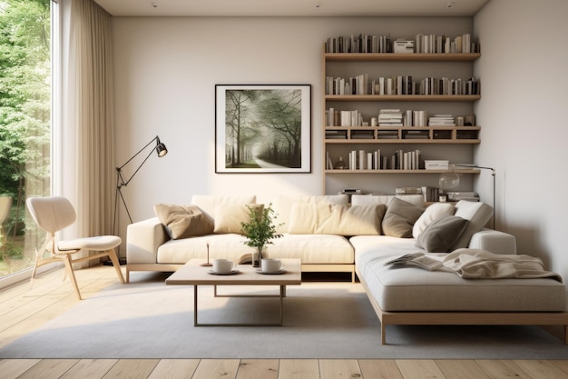 Moderne Innenarchitektur mit Foto-Bild auf weißen Wandpflanzen und Holzmöbeln Zeitgenössisches Wohnzimmer des Hauses mit Couch und Teppich Konzept des skandinavischen minimalistischen Designs