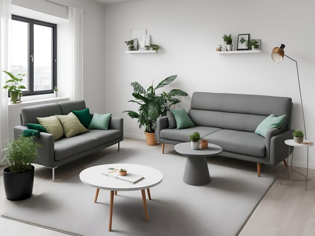Moderne Innenarchitektur mit leichter leerer Mockup-Wand und grauen Möbeln Loft und Vintage-Leben