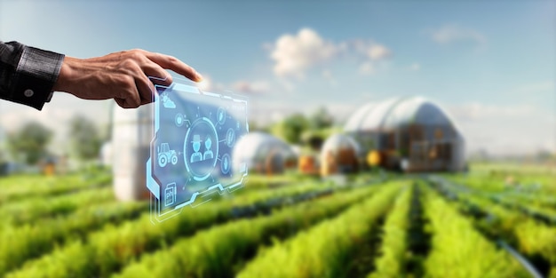 Moderne intelligente Farm, die von Technologie gesteuert wird. Landwirte überwachen das Wachstum der Bäume auf den Parzellen