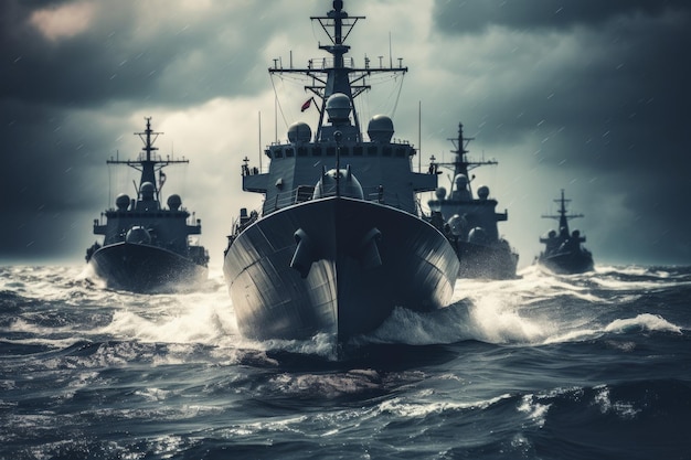 Moderne Kriegsschiffe auf offener See bei militärischen Übungen und Trainingsmanövern