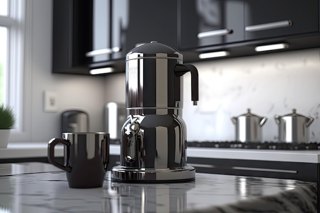 Moderne Küche mit eleganter Chrom-Geysir-Kaffeemaschine auf eleganter schwarzer Arbeitsplatte