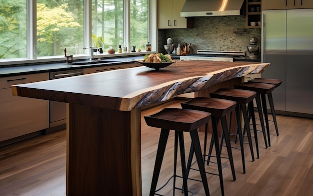 Moderne Küche mit Insel aus Massivholz und stilvollem Innendesign mit generativer KI