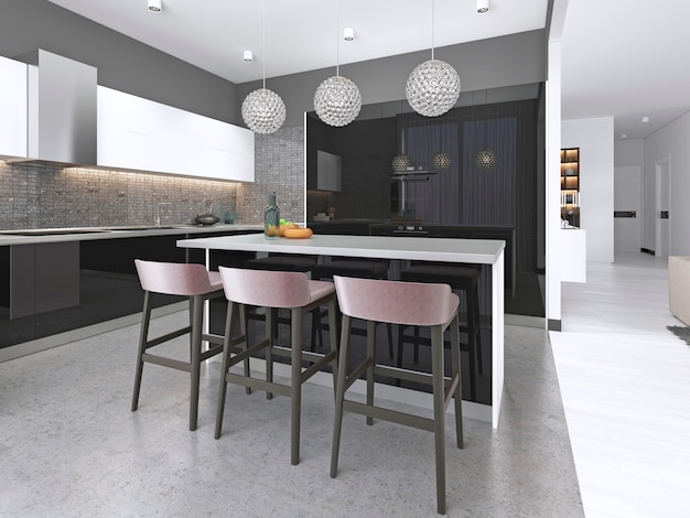 Moderne Küche mit Kochinsel und Barhockern mit Einbaugeräten. 3D-Rendering