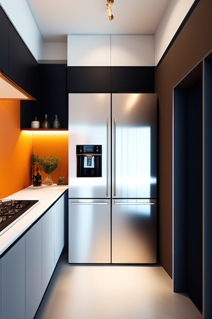 Moderne Küche mit Kühlschrank und Küchenutensilien