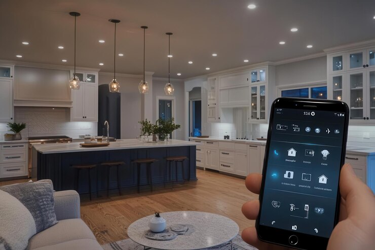 Foto moderne küche mit smart-home-steuerungsoberfläche auf smartphone