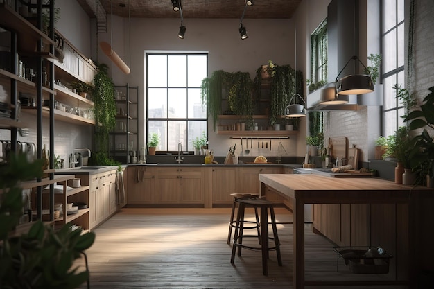 Moderne Küche, weiße Raumeinrichtung, minimales Licht, skandinavische Kücheneinrichtung, generative KI