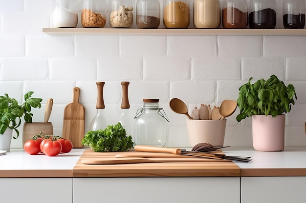 Moderne Küchenarbeitsplatte mit heimischen Kochutensilien darauf, gesundes Kochkonzept für zu Hause