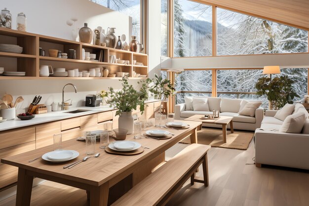 Moderne Kücheneinrichtung in einer Wohnung oder einem Haus mit skandinavischen Luxusküchenmöbeln