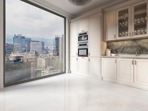 Moderne Küchenmöbel beige in der Küche mit großem Fenster vom Boden bis zur Decke. 3D-Rendering.