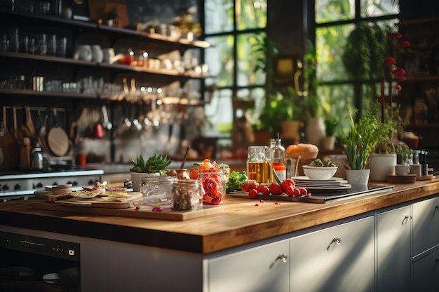 moderne Küchensituation mit verschwommenem Hintergrund professionelle Werbe-Food-Fotografie