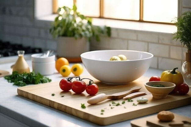 Moderne Küchentischplatte mit professioneller Werbung für Lebensmittelfotografie im Inland