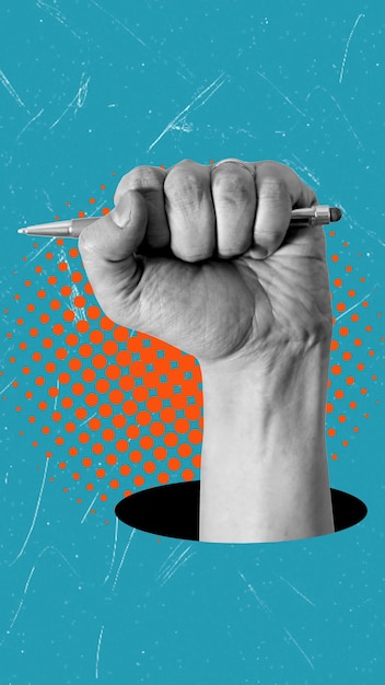Moderne Kunst-Collage-Kunst zeigt eine zusammengeklemmte Hand in einer Faust mit einem Stift auf einem blauen Hintergrund mit Kopie