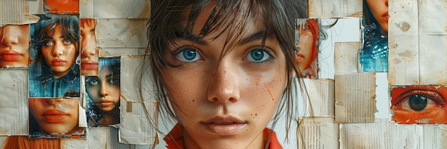 Moderne Kunst Porträt Schöne junge Frau mit Zeitungen und Foto von Frauen