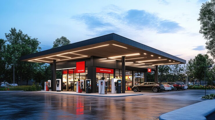 Foto moderne ladestation für elektrofahrzeuge mit lebensmittelgeschäft