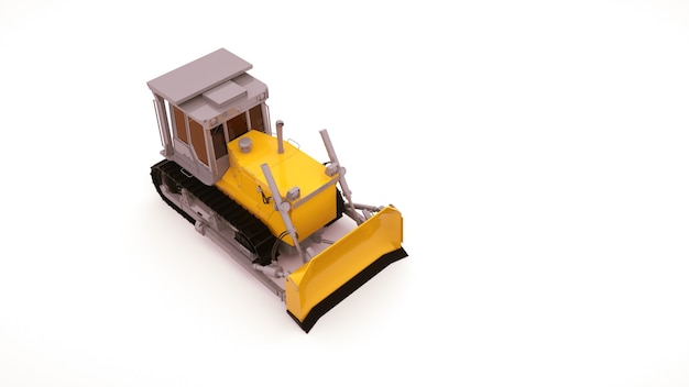 Moderne landwirtschaftliche maschinen, gelber traktor. industriemaschine mit eimer und spuren, 3d illustrationsobjekt lokalisiert auf weißem hintergrund. ausblick von oben.