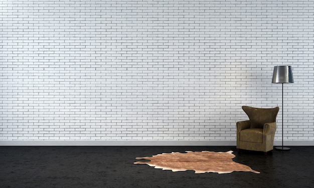 Moderne leere Rahmen Mock-up Innen- und Wohnzimmerdesign und weiße Backsteinmauer Hintergrunddekor und Sofa mit Stehlampe 3D-Rendering