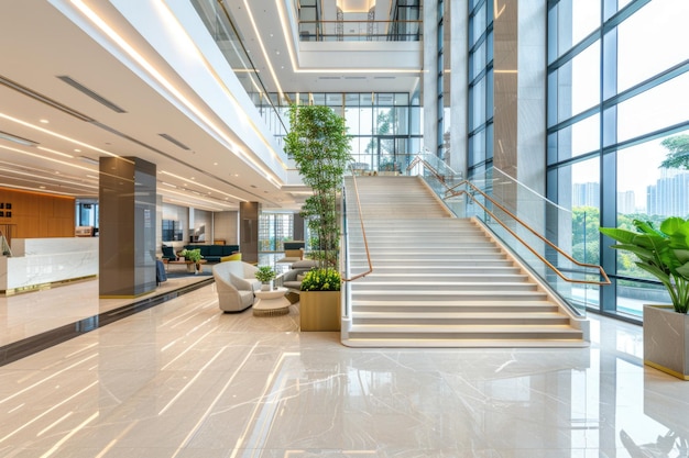 Moderne Lobby eines luxuriösen Bürogebäudes mit verschwommenem Hintergrund und Glaswand