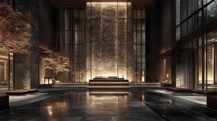 Foto moderne lobby mit ruhigem pool