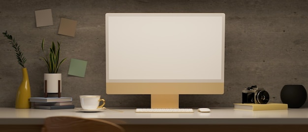 Moderne Loft-Arbeitsplatz-Innenarchitektur mit PC-Desktop-Computermodell auf dem Schreibtisch über der Loftwand