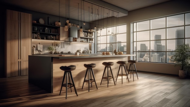 Moderne Loftküche mit Frühstücksbar in einer städtischen Luxuswohnung Holzboden Holzbarrechner