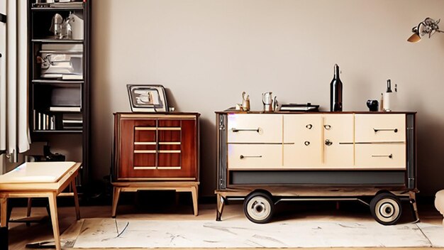 Foto moderne lounge-area aus der mitte des jahrhunderts mit einem retro-barwagen und einer vinyl-platten-sammlung