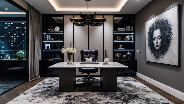 Moderne luxuriöse Büroflächen mit schwarz-goldenem Dekor und anspruchsvollen Möbeln