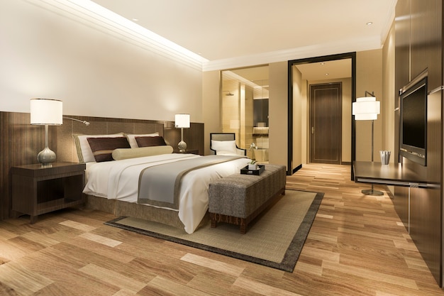 Moderne luxuriöse schlafzimmersuite und badezimmer