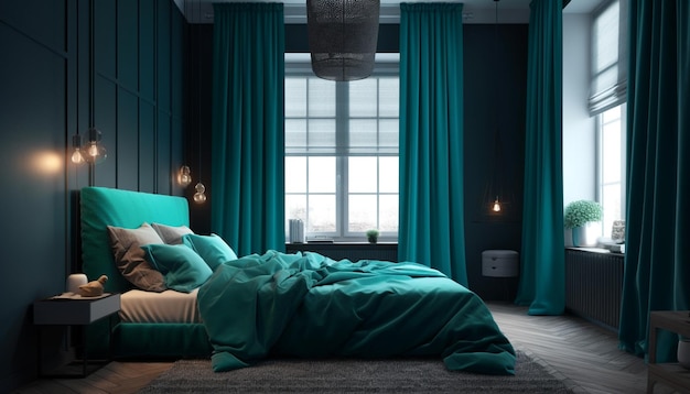Moderne Luxus-Hotel-Suite mit bequemen Bettwäsche und beleuchtetem Dekor, erzeugt durch künstliche Intelligenz