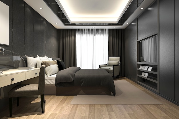 Moderne Luxus-Schlafzimmersuite des 3D-Renderings in Hotel und Resort