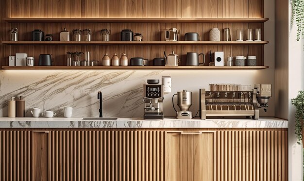 Moderne Luxus-Tropical-Design-Café-Holzplatte mit Espresso-Maschine, Kuchen-Display, Kühlschrank, generative KI