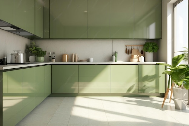 Moderne Luxusküche mit salbeigrünen Arbeitsgeräten und Marmorfliesenboden von Ai Generated