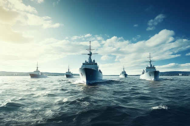 Moderne militärische Kriegsschiffe führen taktische Übungen in der weiten Weite des offenen Meeres durch
