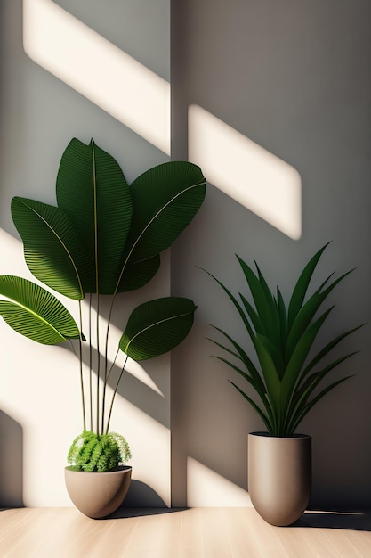 Moderne minimal blanke beige-grau Beton-Textur Wand mit grüner Bambus-Palme in Sonnenlicht Blatt